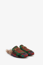 Gucci Red/Green Houndstooth Fur Lined Princetown Slides Size 6 Mens