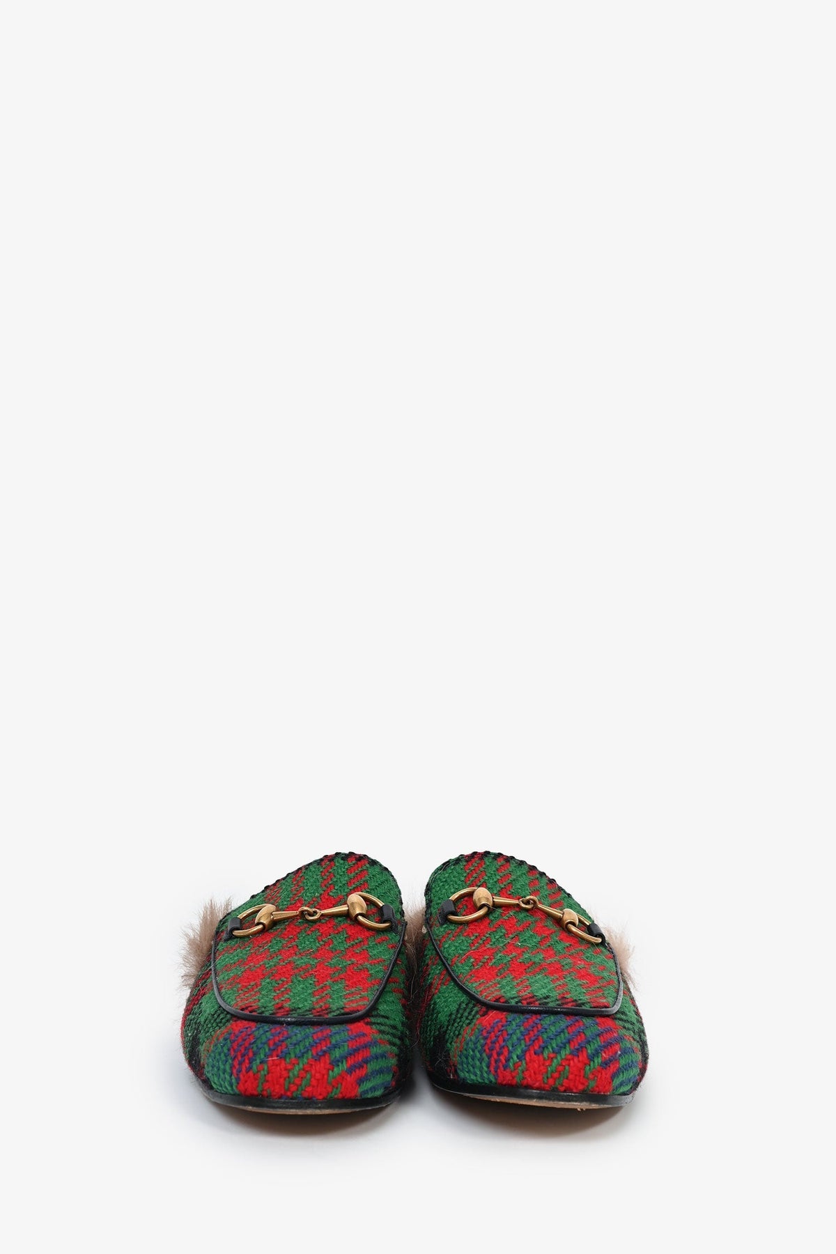 Gucci Red/Green Houndstooth Fur Lined Princetown Slides Size 6 Mens