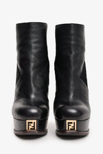 Fendi Black Leather/Pony Hair Calfskin FF Logo Platform Ankle Boots Size 36.5