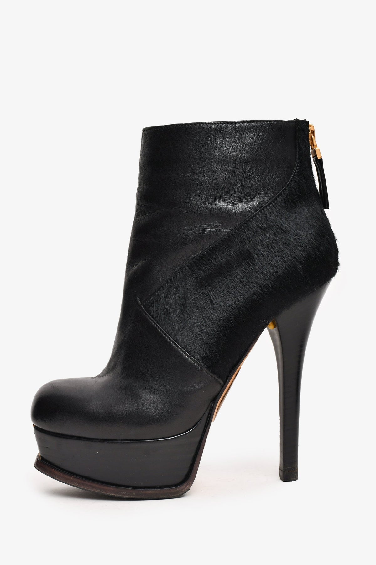 Fendi Black Leather/Pony Hair Calfskin FF Logo Platform Ankle Boots Size 36.5