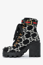 Gucci Black/White Tweed Heeled Combat Boots Size 35.5
