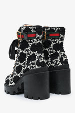 Gucci Black/White Tweed Heeled Combat Boots Size 35.5