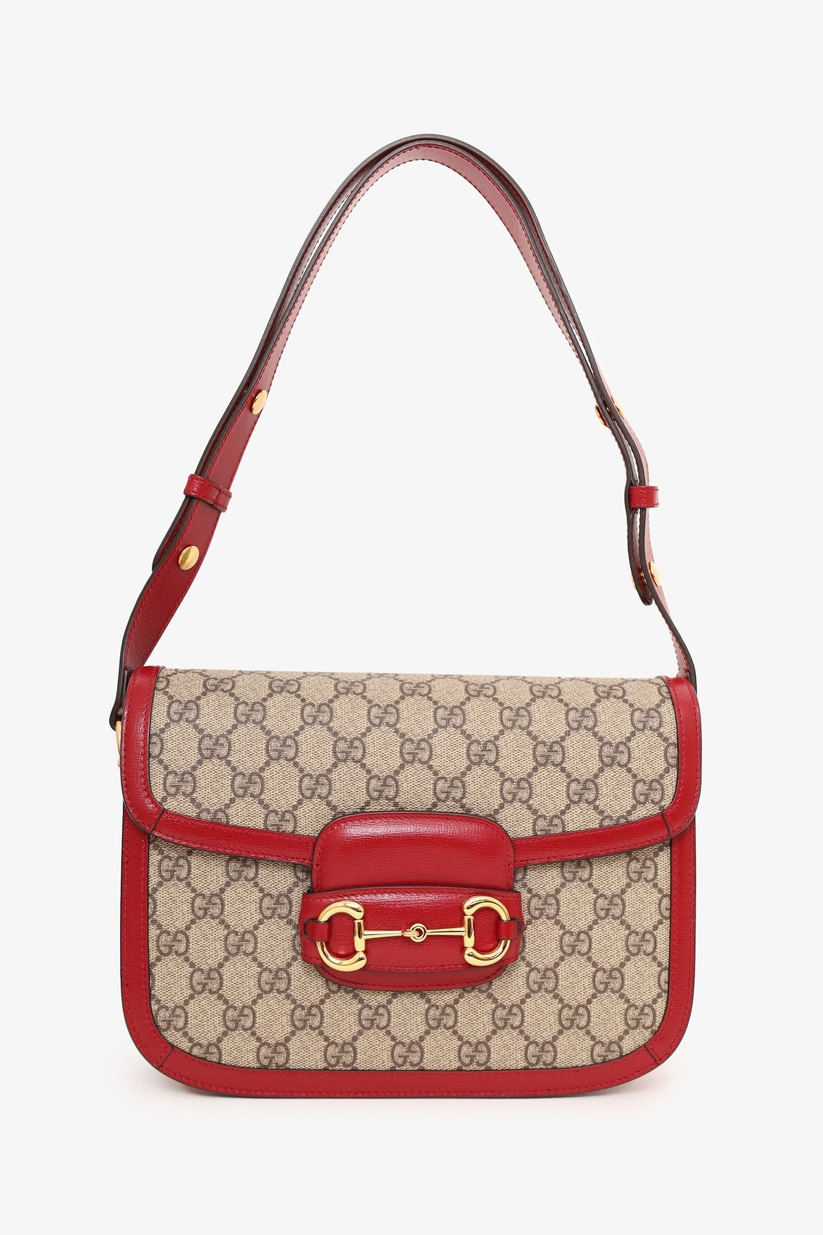 Gucci Beige/Red GG Monogram Horsebit 1955 Small Shoulder Bag
