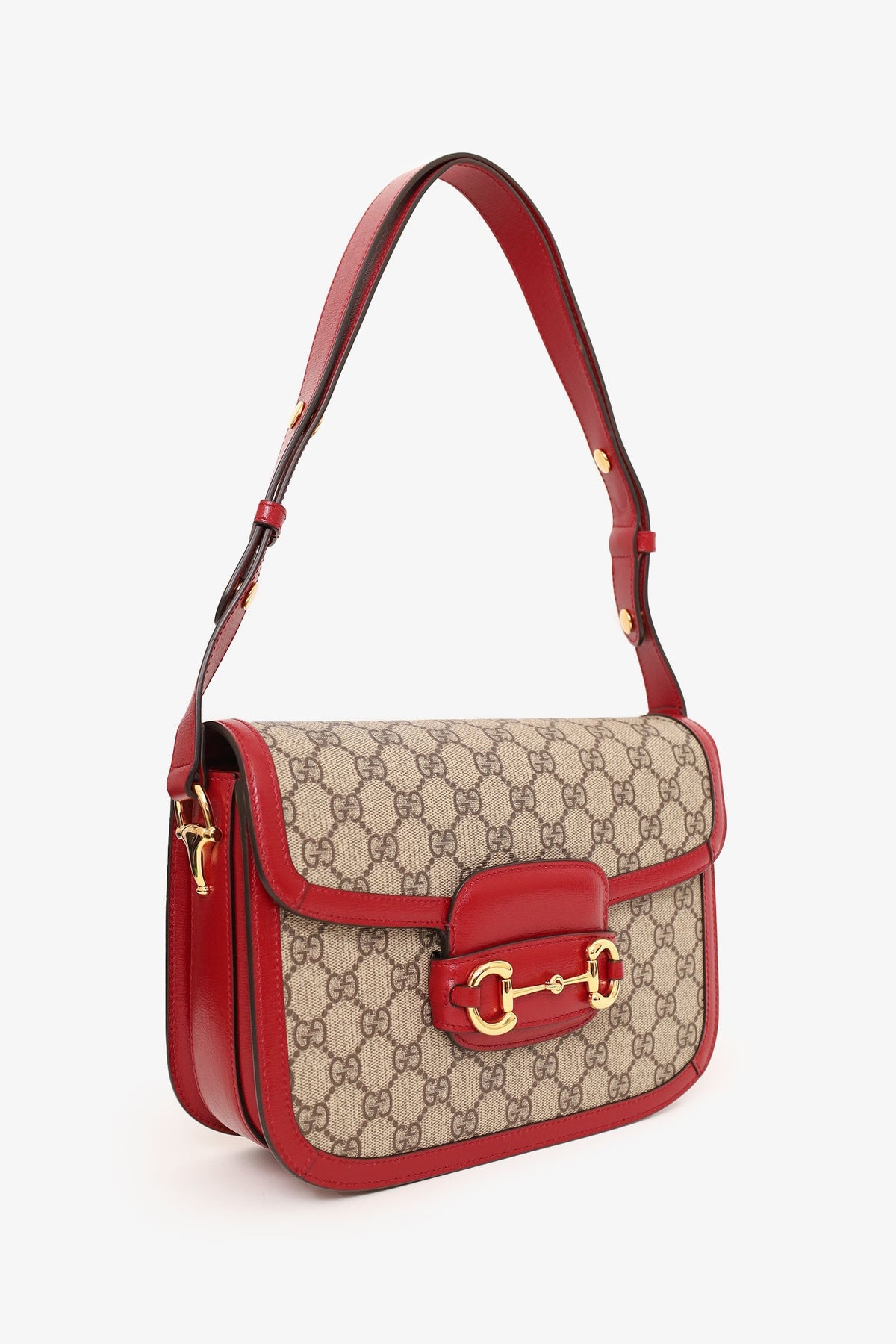 Gucci Beige/Red GG Monogram Horsebit 1955 Small Shoulder Bag
