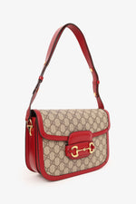 Gucci Beige/Red GG Monogram Horsebit 1955 Small Shoulder Bag