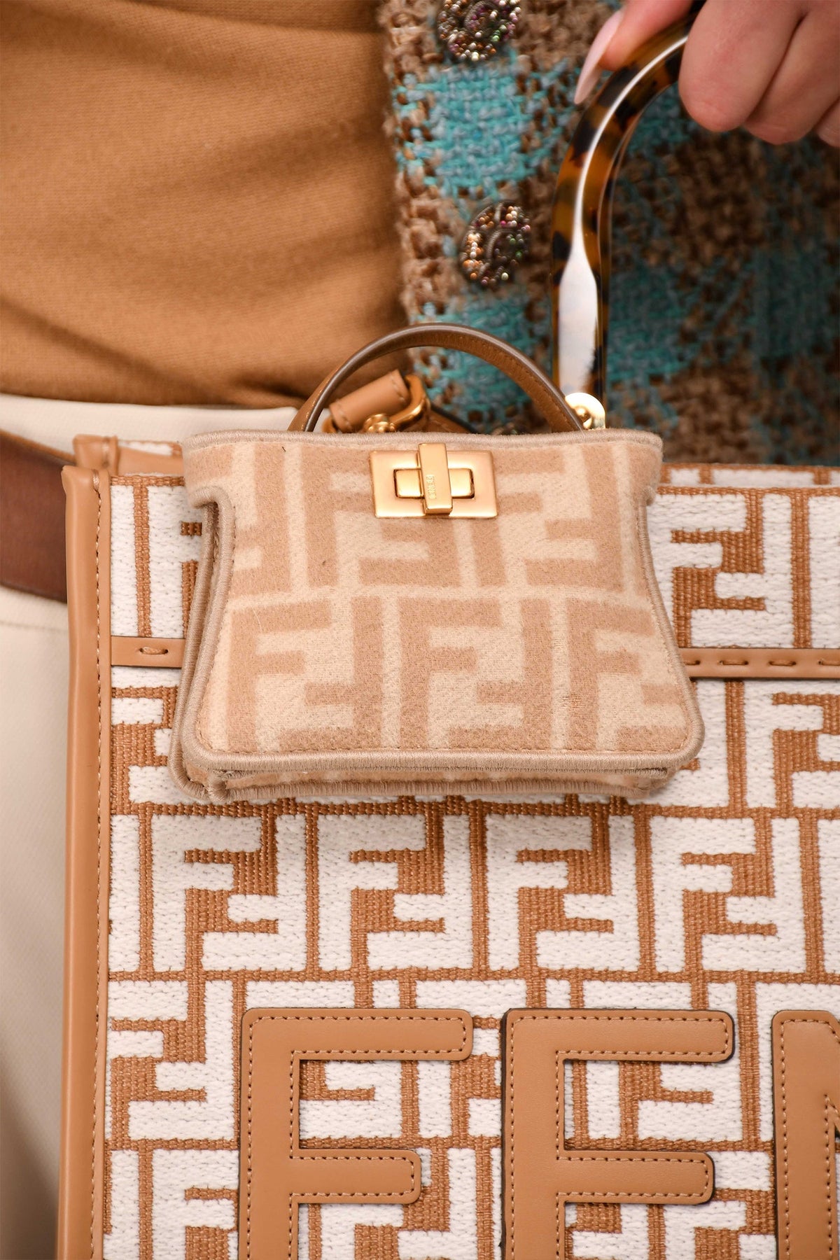 Fendi Beige FF Embroidered Peekaboo Bag Charm