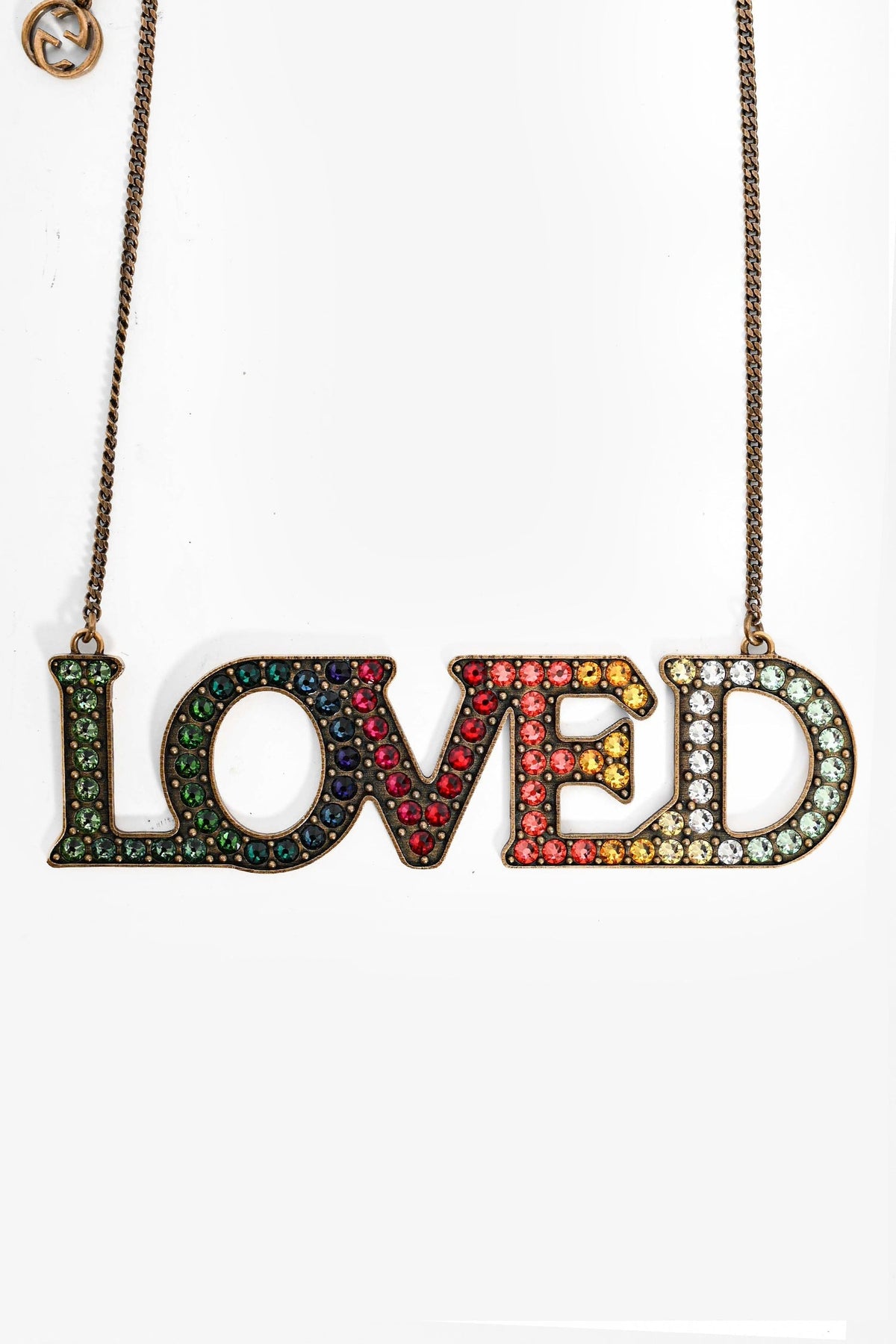 Gucci Gold Toned Multicolour Crystal 'LOVED' Necklace