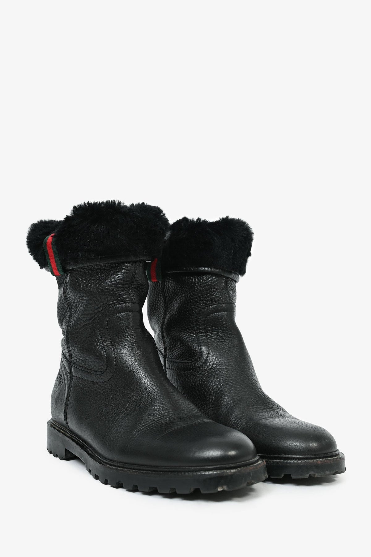 Gucci Black Leather Web Detail Fur Lined Boots Est. Size 36