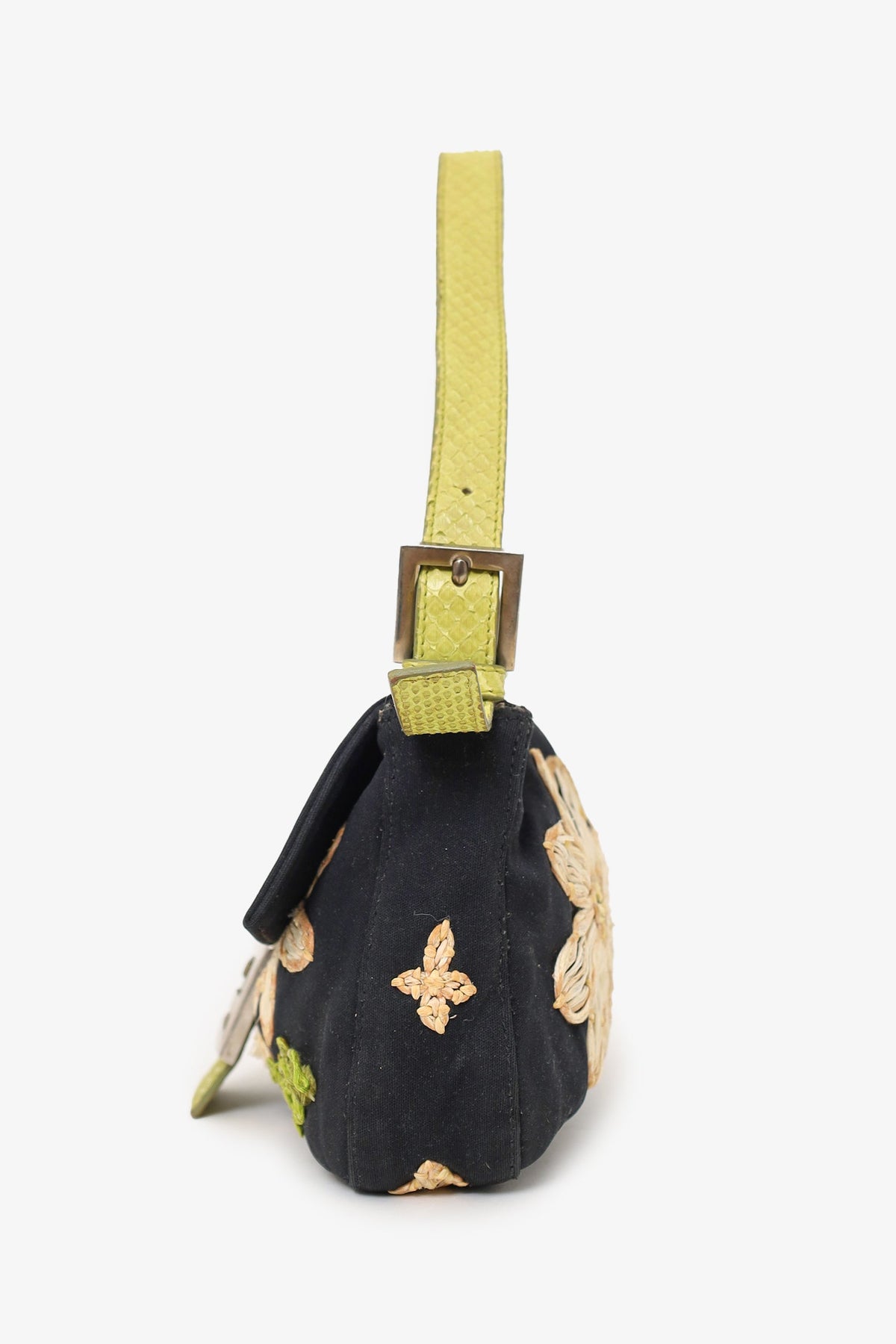 Fendi Black/lime Green Fabric/Python Floral Embroidered Mama Baguette Shoulder Bag 'As Is'