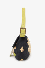 Fendi Black/lime Green Fabric/Python Floral Embroidered Mama Baguette Shoulder Bag 'As Is'