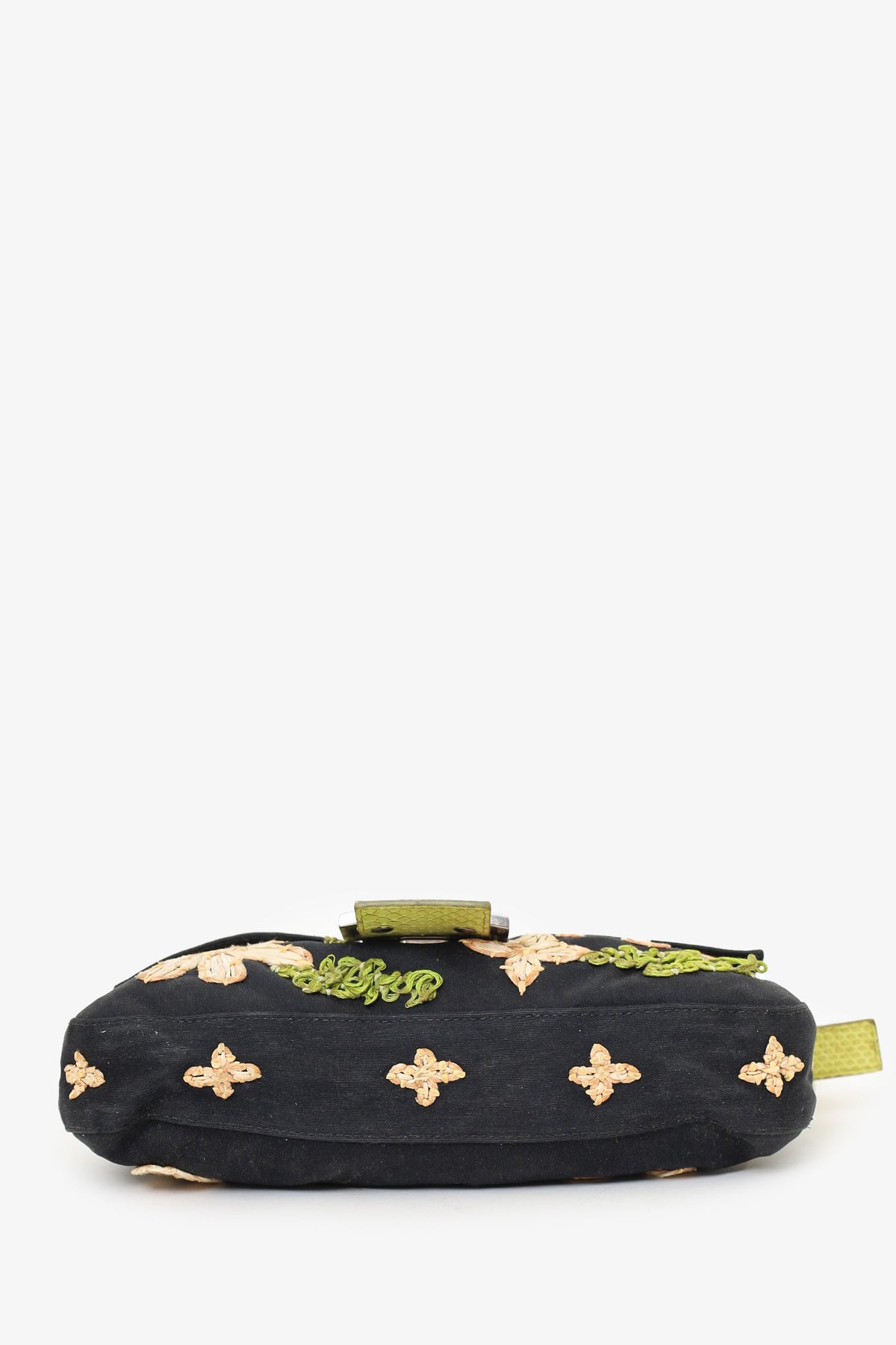 Fendi Black/lime Green Fabric/Python Floral Embroidered Mama Baguette Shoulder Bag 'As Is'