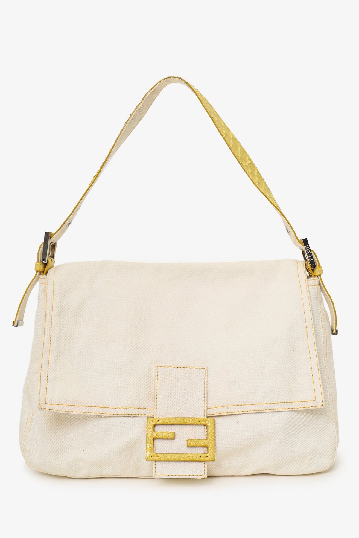 Fendi White Denim/Yellow Python Top Stitched Mamma Baguette Bag