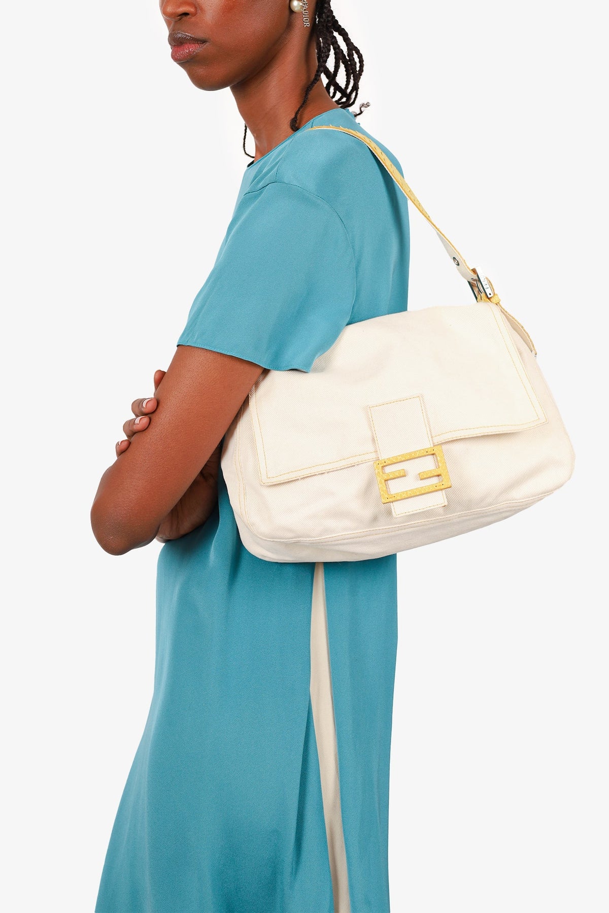 Fendi White Denim/Yellow Python Top Stitched Mamma Baguette Bag