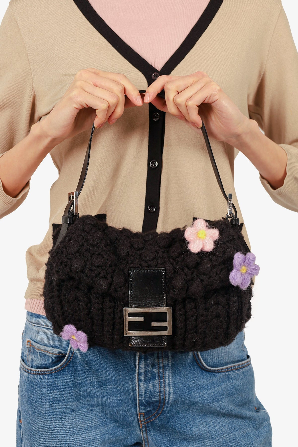 Fendi Black Crochet Knit Baguette Shoulder Bag