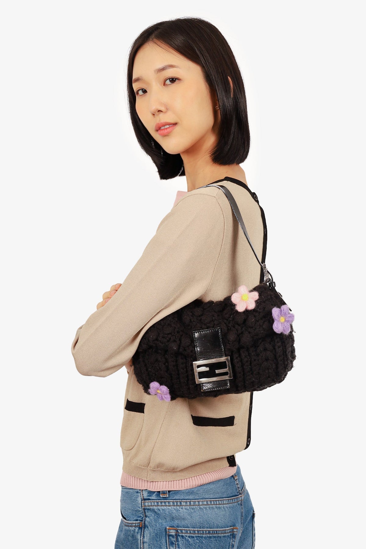 Fendi Black Crochet Knit Baguette Shoulder Bag