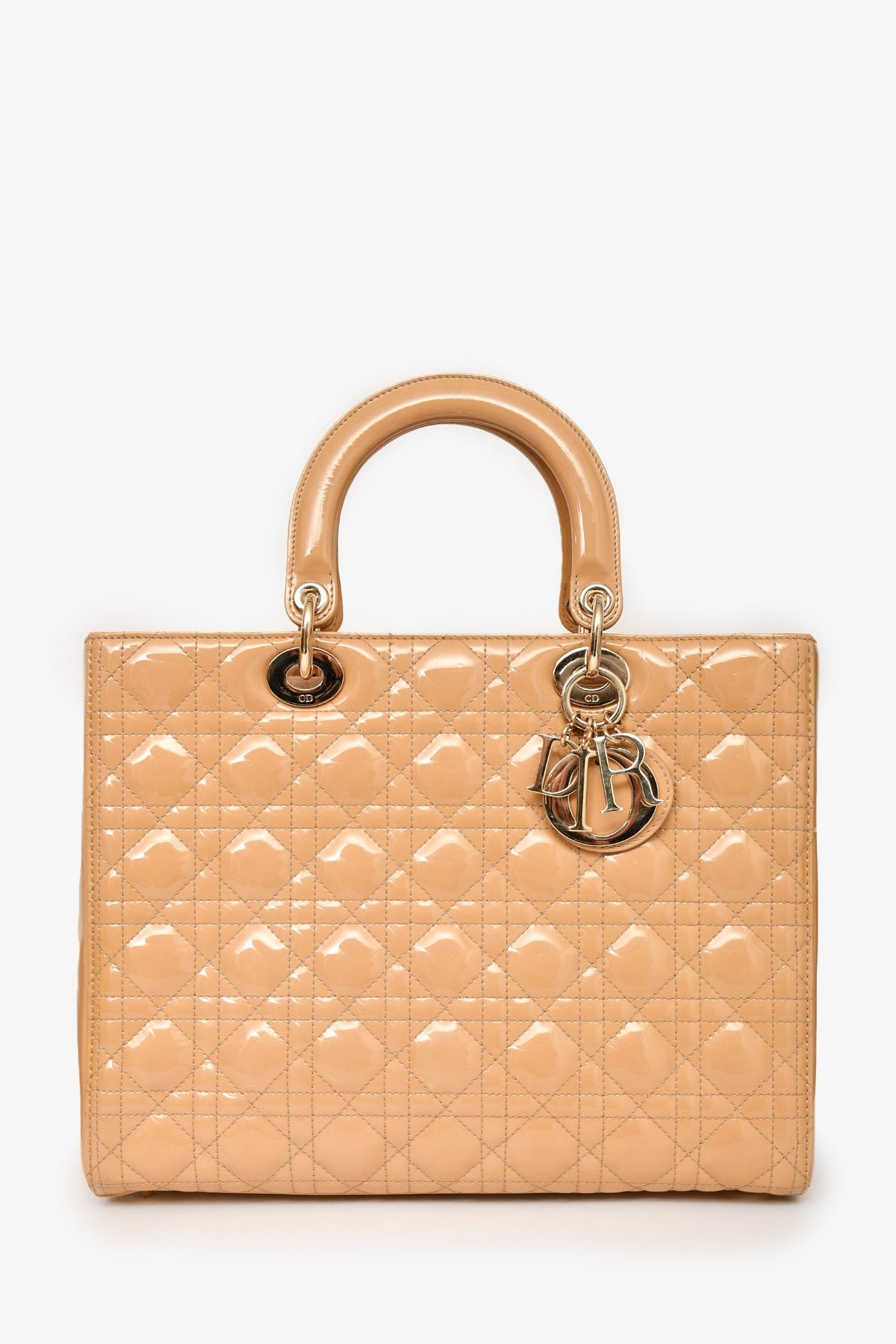 Christian Dior Beige Cannage Patent Leather Large Lady Dior Tote with Strap