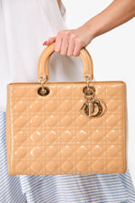 Christian Dior Beige Cannage Patent Leather Large Lady Dior Tote with Strap