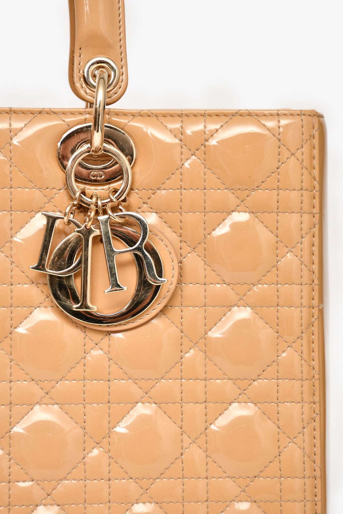 Christian Dior Beige Cannage Patent Leather Large Lady Dior Tote with Strap