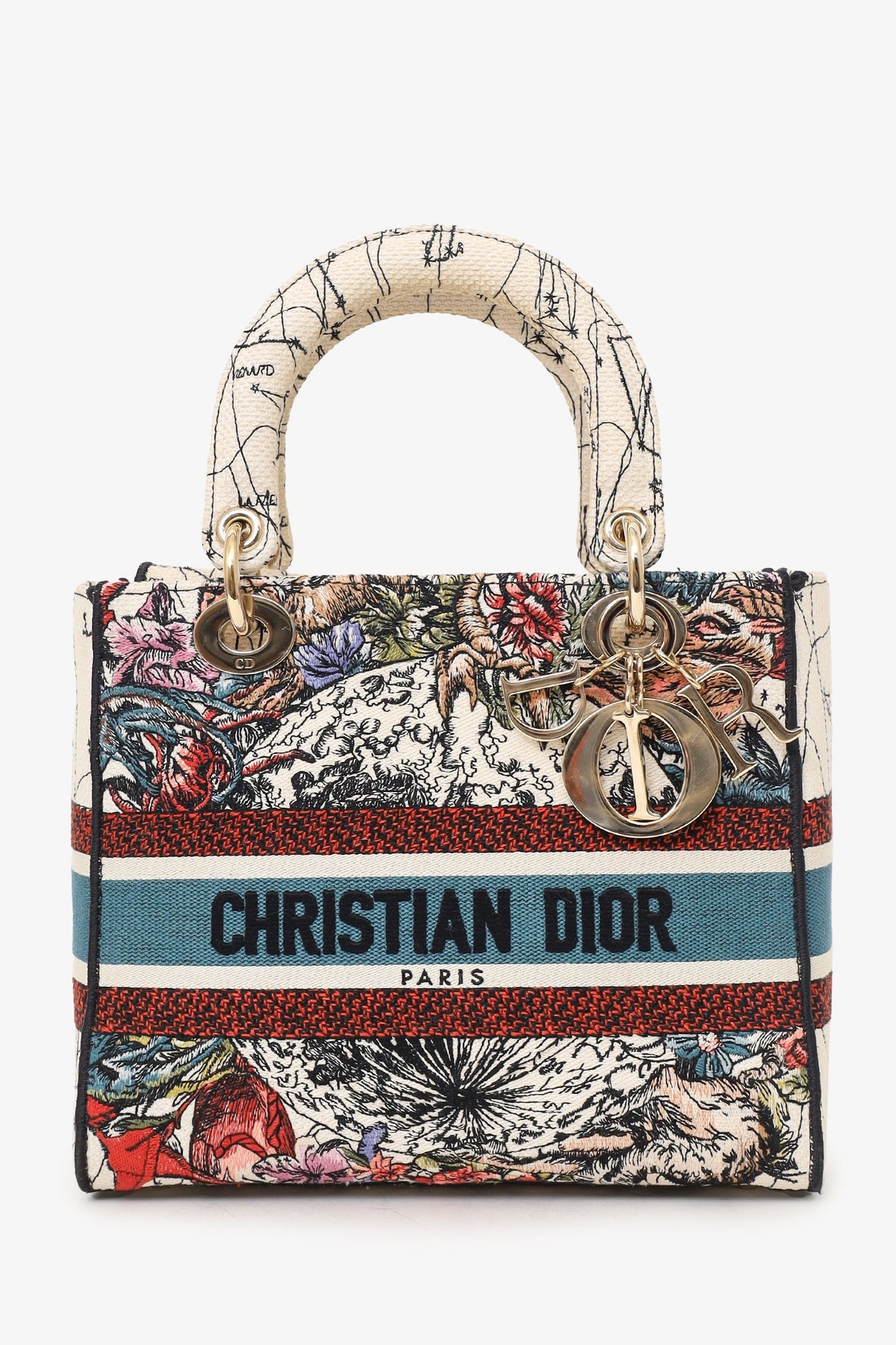 Christian Dior 2021 Blue/Red Embroidered Medium Lady D-Lite Bag with Strap