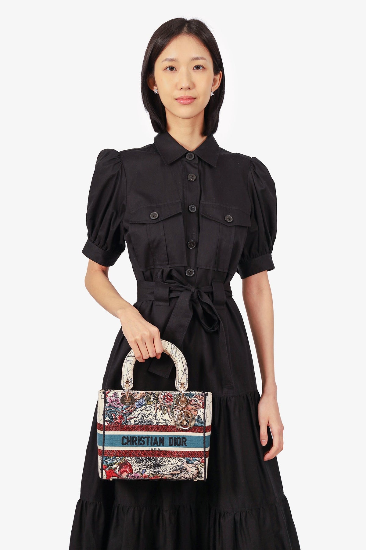 Christian Dior 2021 Blue/Red Embroidered Medium Lady D-Lite Bag with Strap