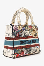 Christian Dior 2021 Blue/Red Embroidered Medium Lady D-Lite Bag with Strap