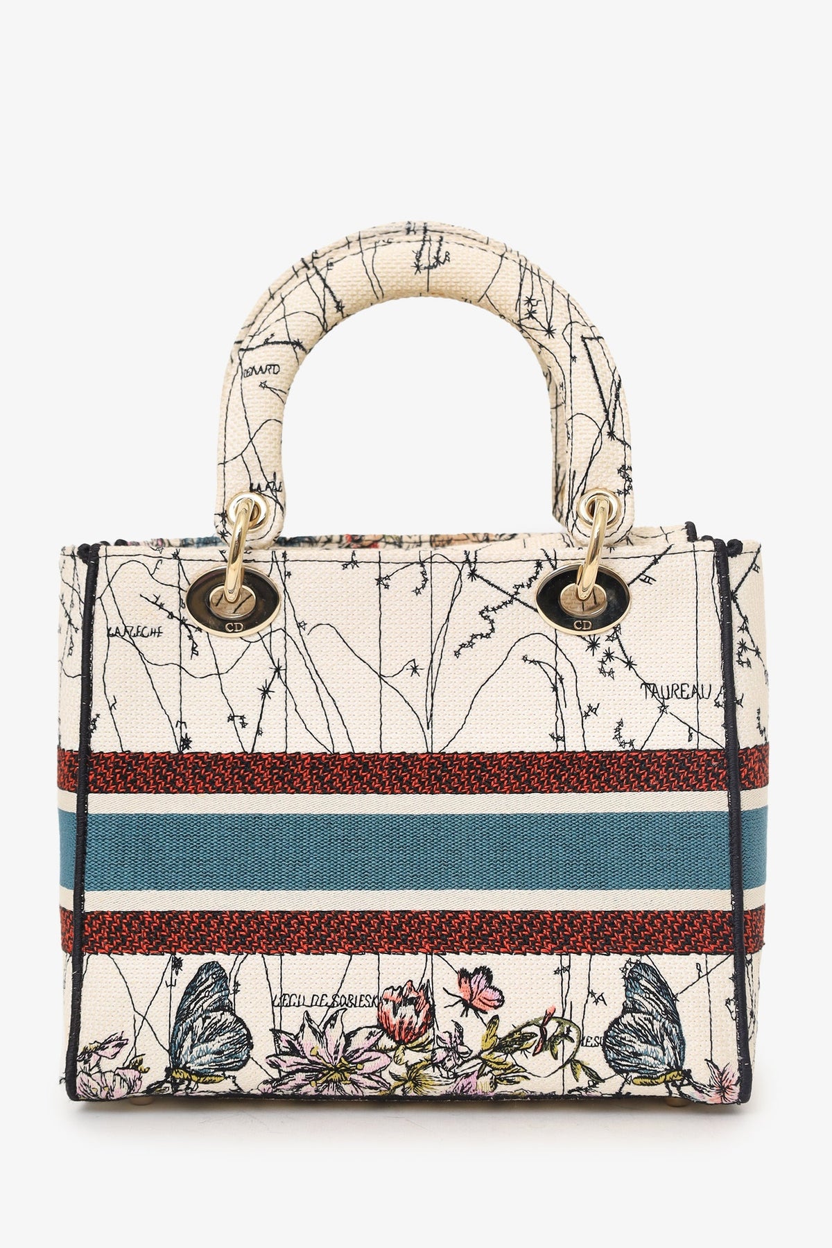 Christian Dior 2021 Blue/Red Embroidered Medium Lady D-Lite Bag with Strap