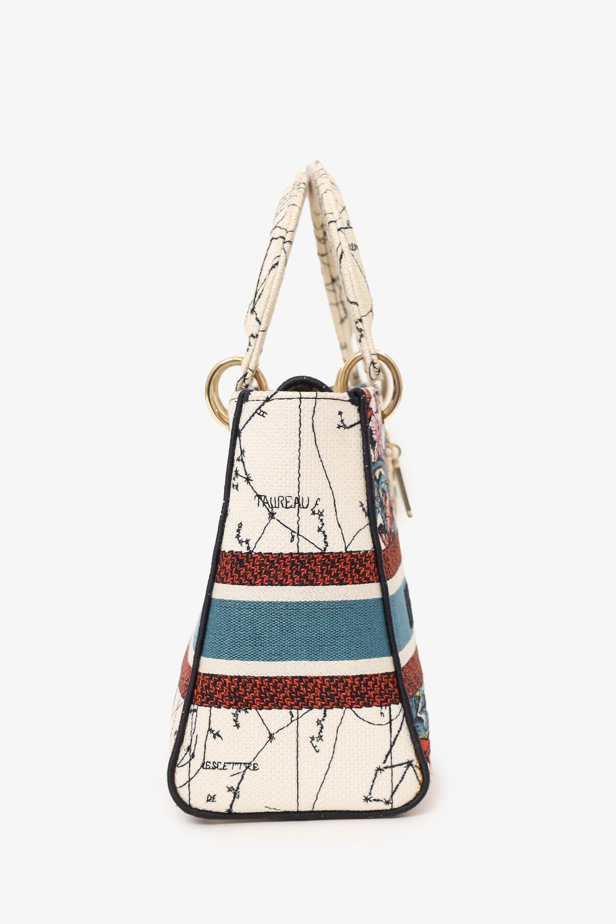 Christian Dior 2021 Blue/Red Embroidered Medium Lady D-Lite Bag with Strap