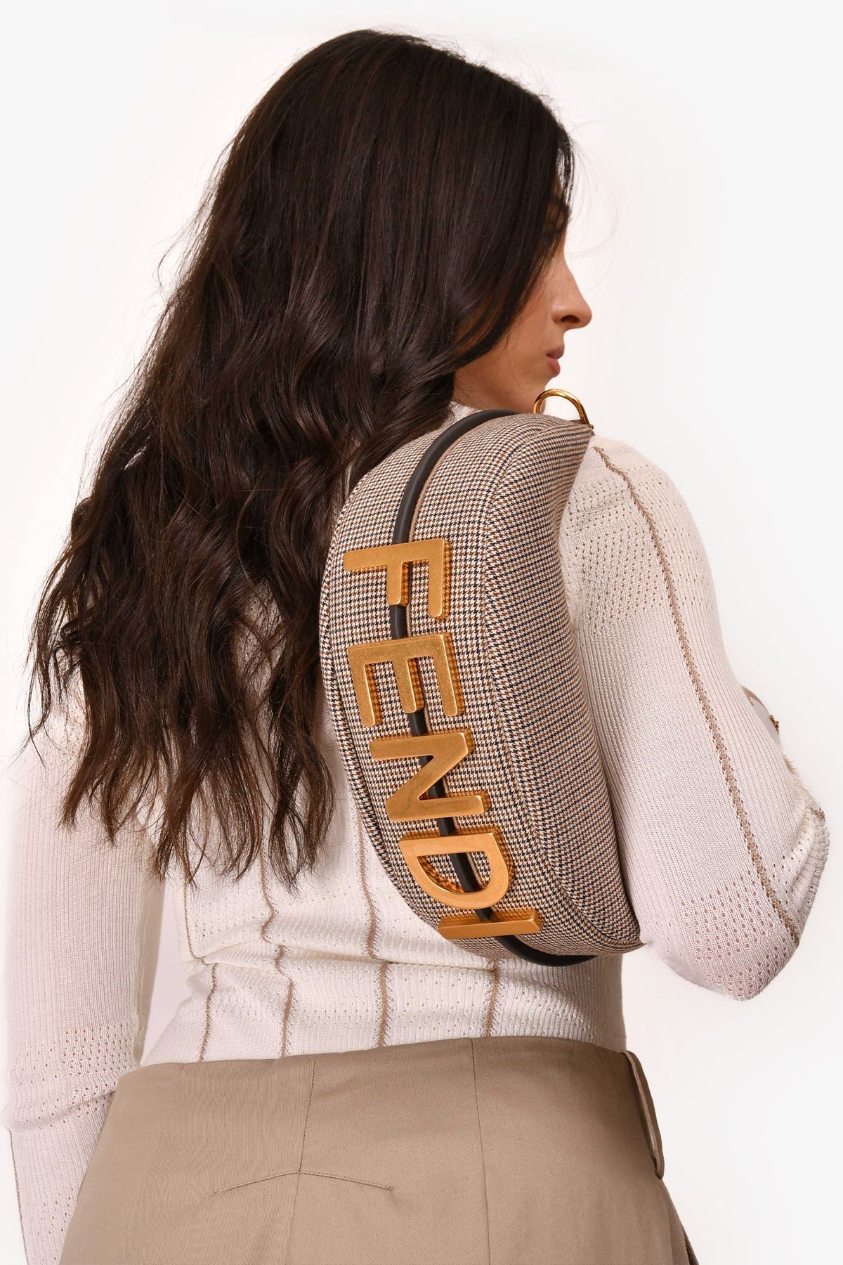 Fendi Brown Leather/Fabric Houndstooth Fendigraphy Small Shoulder Bag