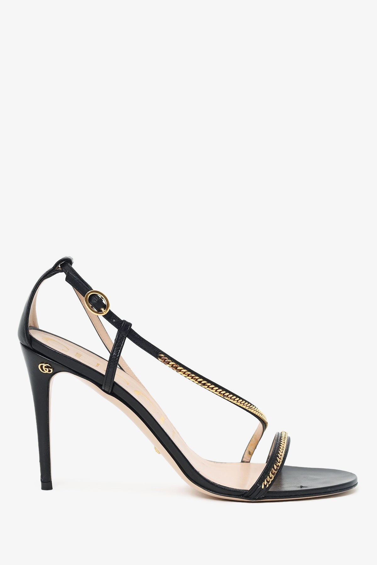 Gucci Black Leather 95mm Sylvie Chain Sandals Size 39.5