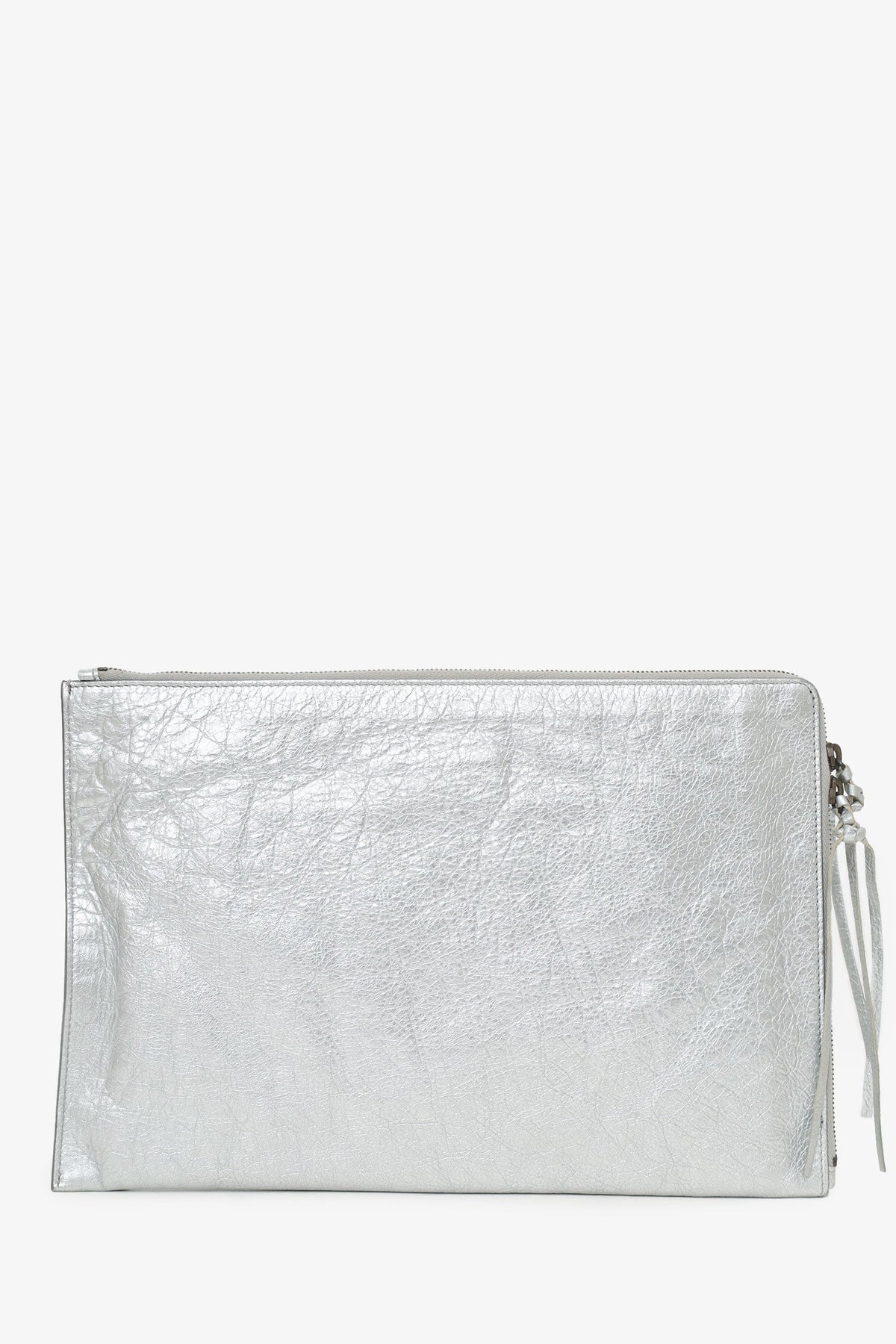 Balenciaga Silver Metallic Lambskin Leather Motocross Clutch