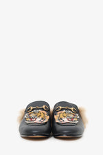 Gucci Black Leather Tiger Embroidered Slip On Fur Loafers Size 37