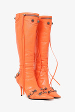 Balenciaga Limited Edition Orange Leather Studded Pointy 'Cagole' Boots Size 39