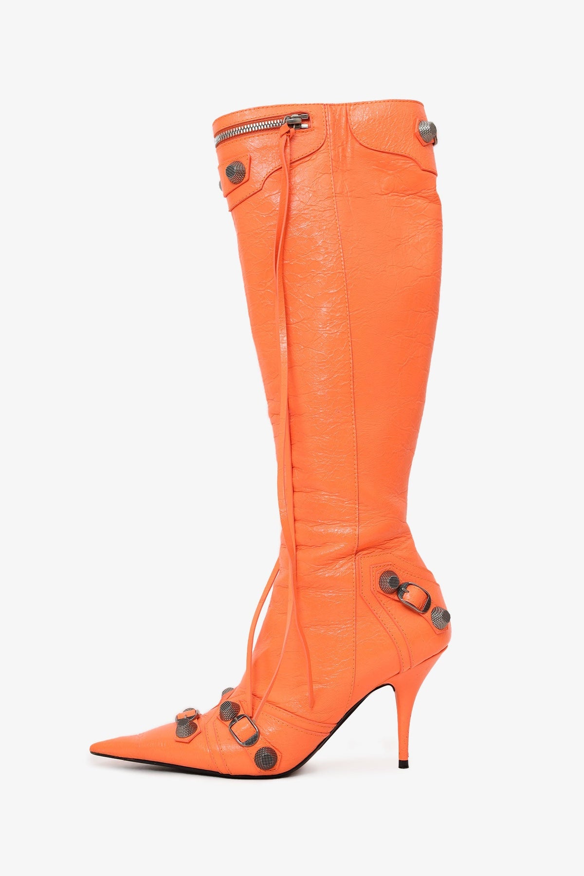 Balenciaga Limited Edition Orange Leather Studded Pointy 'Cagole' Boots Size 39