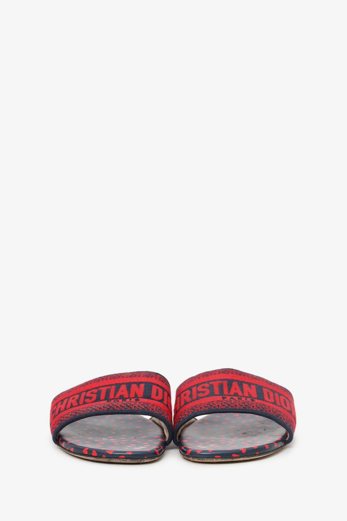 Christian Dior Navy/Red Canvas Pop Heart I Love Paris Embroidered Dway Flat Slide Sandals Size 38