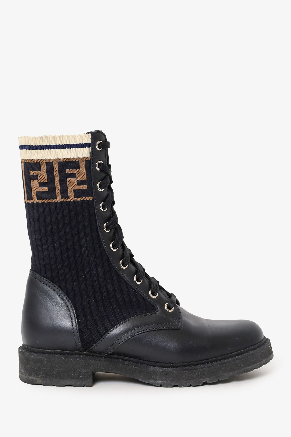 Fendi Black Leather Zucca Sock Combat Boots Size 35