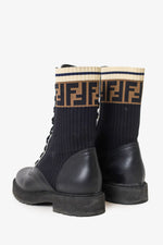 Fendi Black Leather Zucca Sock Combat Boots Size 35