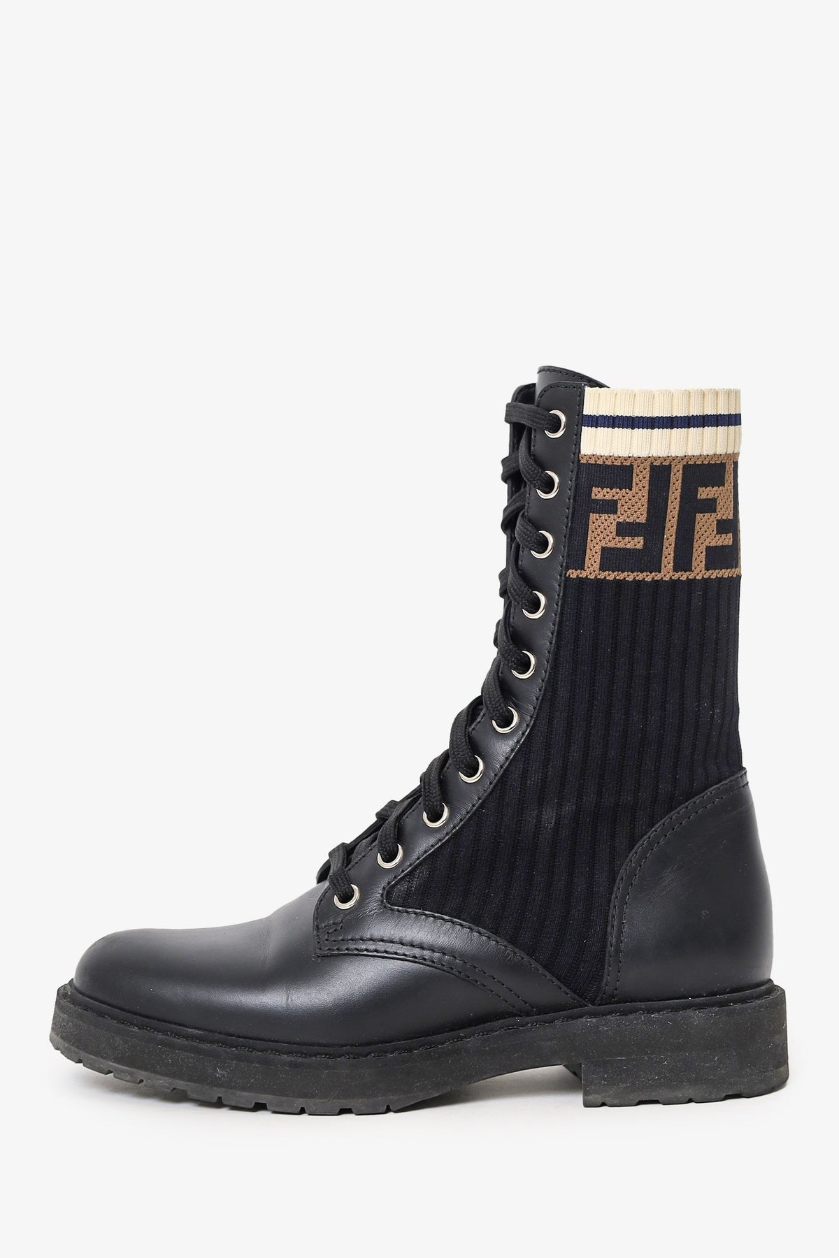 Fendi Black Leather Zucca Sock Combat Boots Size 35