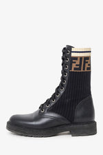 Fendi Black Leather Zucca Sock Combat Boots Size 35