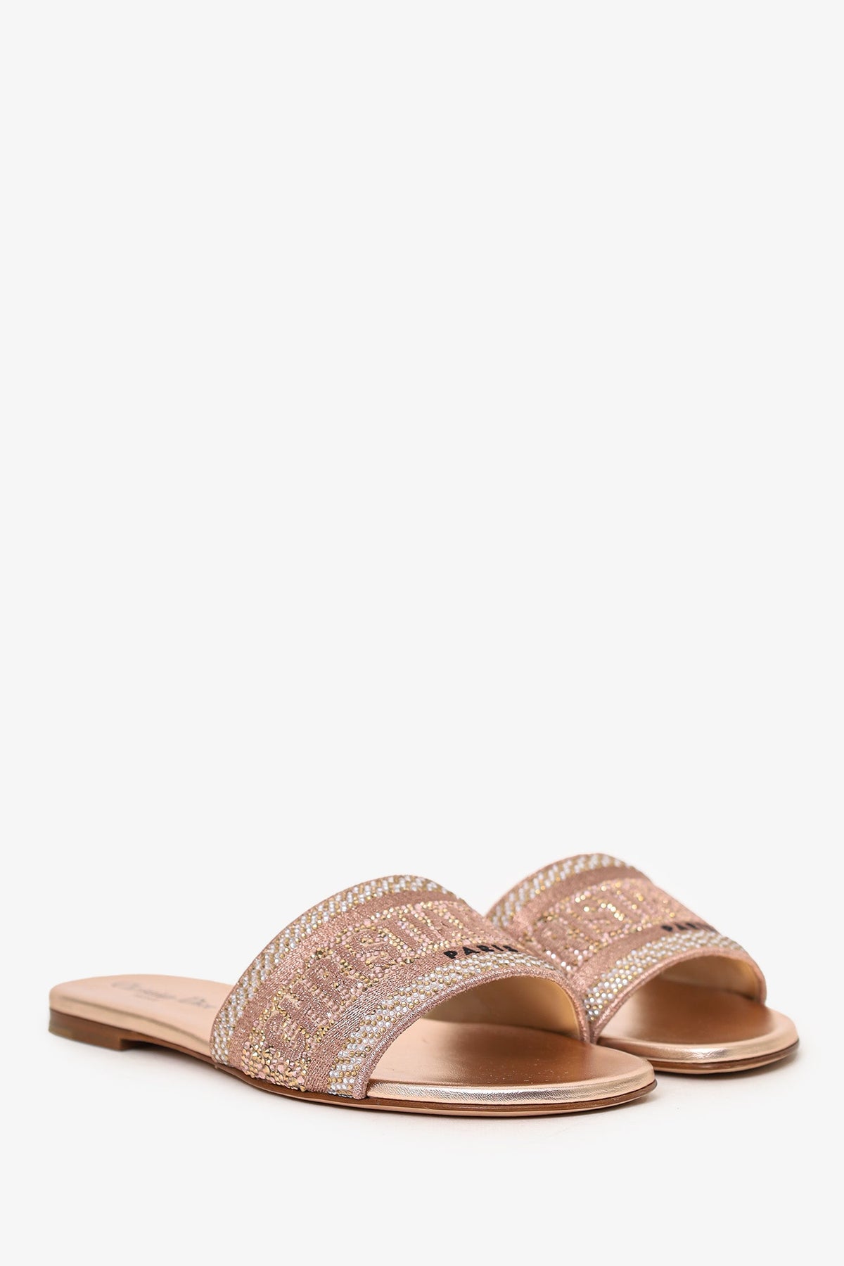 Christian Dior Rose Gold Metallic Canvas Crystal Embellished D-Way Flat Slides Size 36.5