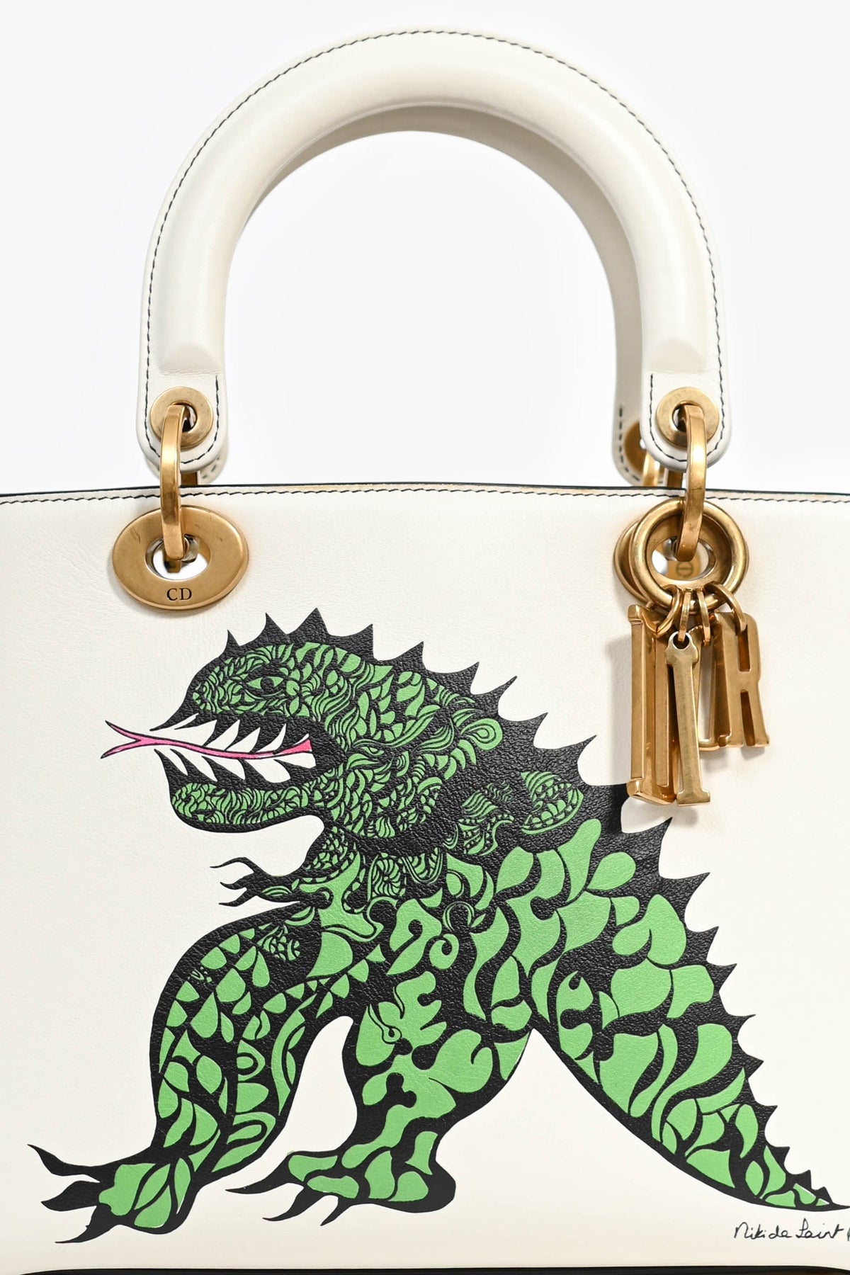 Christian Dior x Nika De Saint Phalle 2018 White Leather Medium Dragon 'Lady Dior' Top Handle Bag with Strap