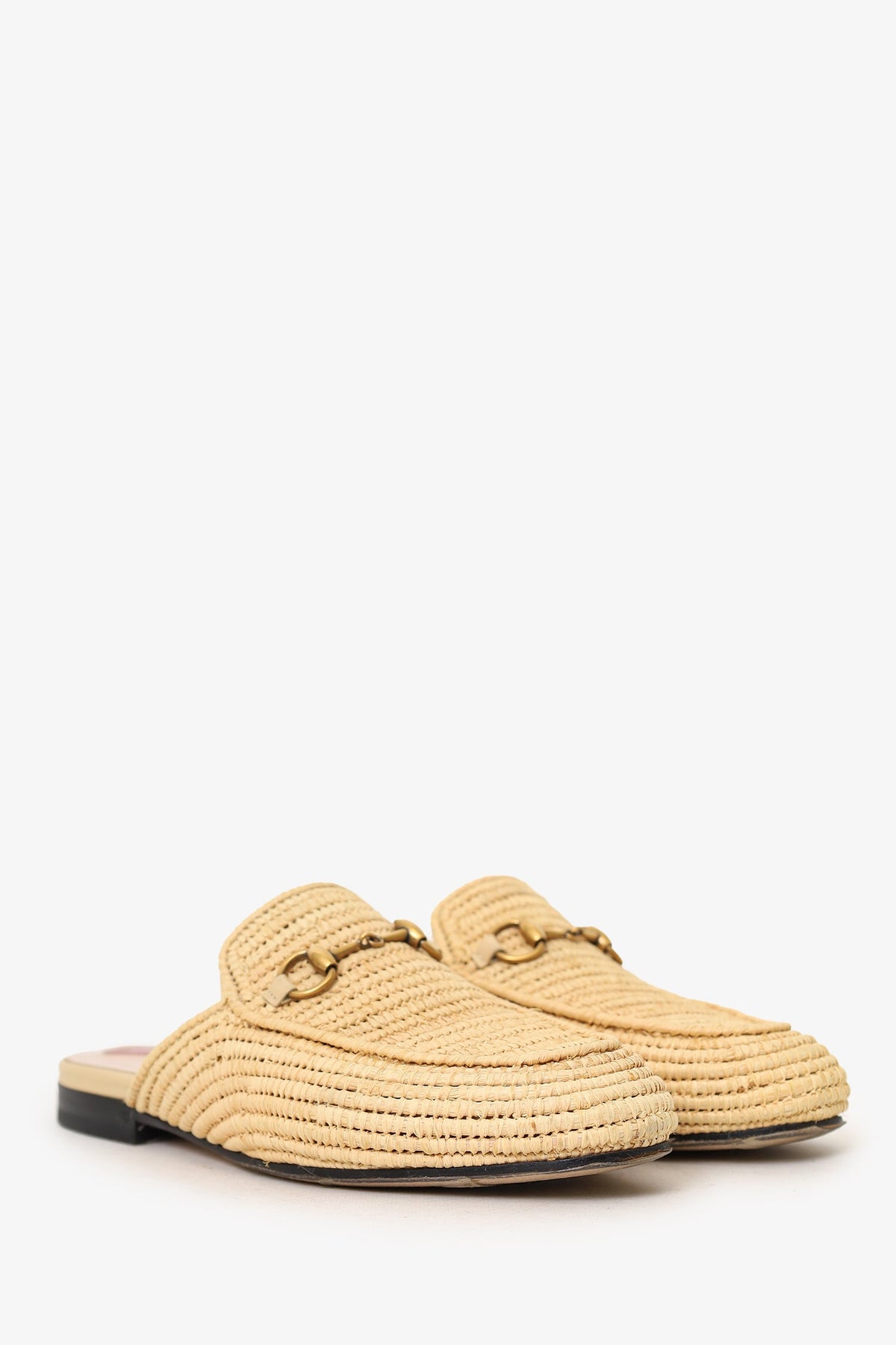 Gucci Beige Raffia Princetown Horsebit Mules Size 36.5