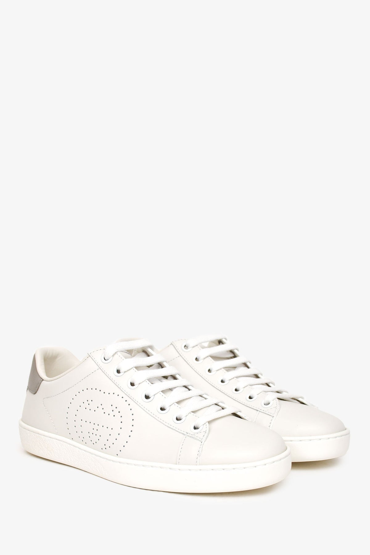 Gucci White/Grey Leather GG Logo Sneakers Size 34.5