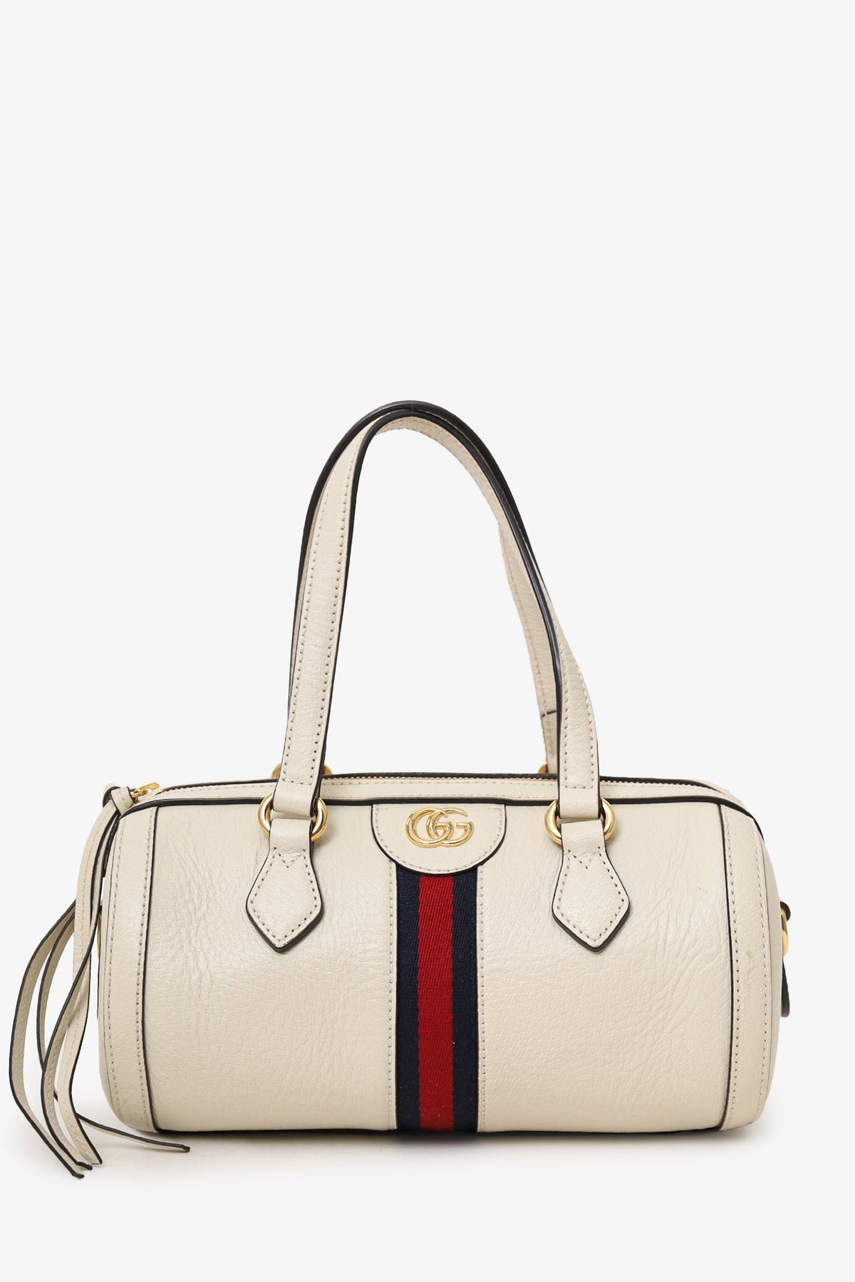 Gucci White Leather Small Ophidia Sylvie Web Boston Bag with Strap