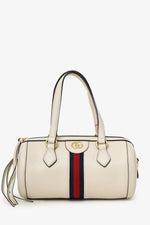 Gucci White Leather Small Ophidia Sylvie Web Boston Bag with Strap