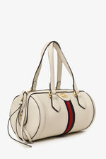 Gucci White Leather Small Ophidia Sylvie Web Boston Bag with Strap