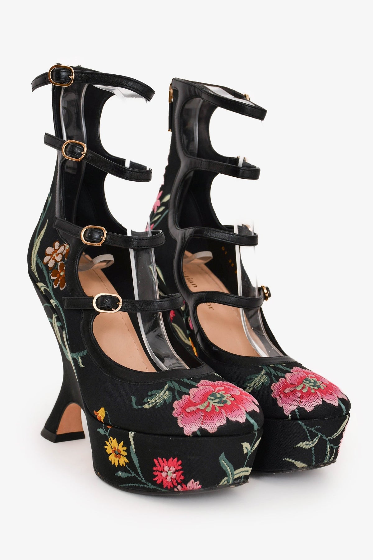 Christian Dior Black/Pink Satin Floral Strappy Wedge Heels Size 37