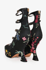 Christian Dior Black/Pink Satin Floral Strappy Wedge Heels Size 37