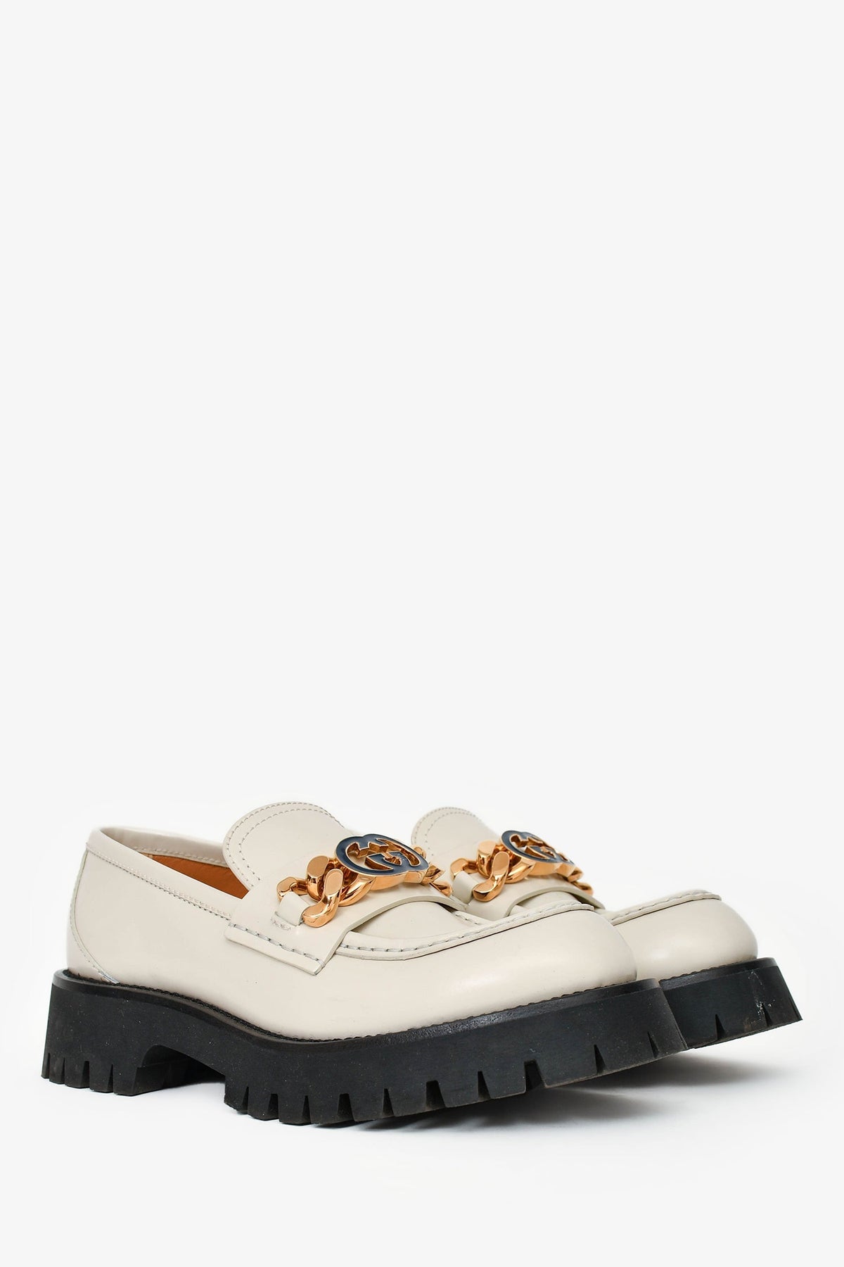 Gucci White Leather GG Chain Embellished Platform Loafers Size 38.5