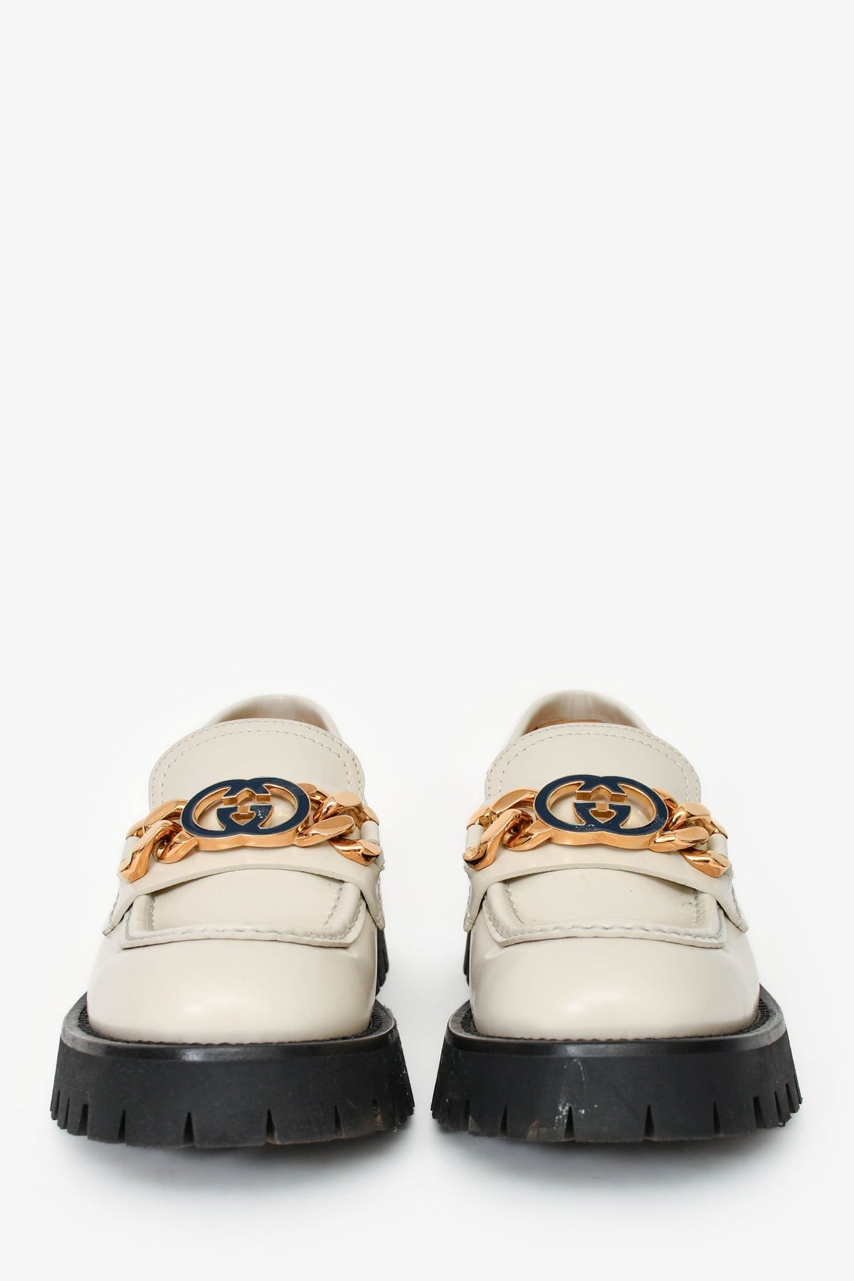 Gucci White Leather GG Chain Embellished Platform Loafers Size 38.5