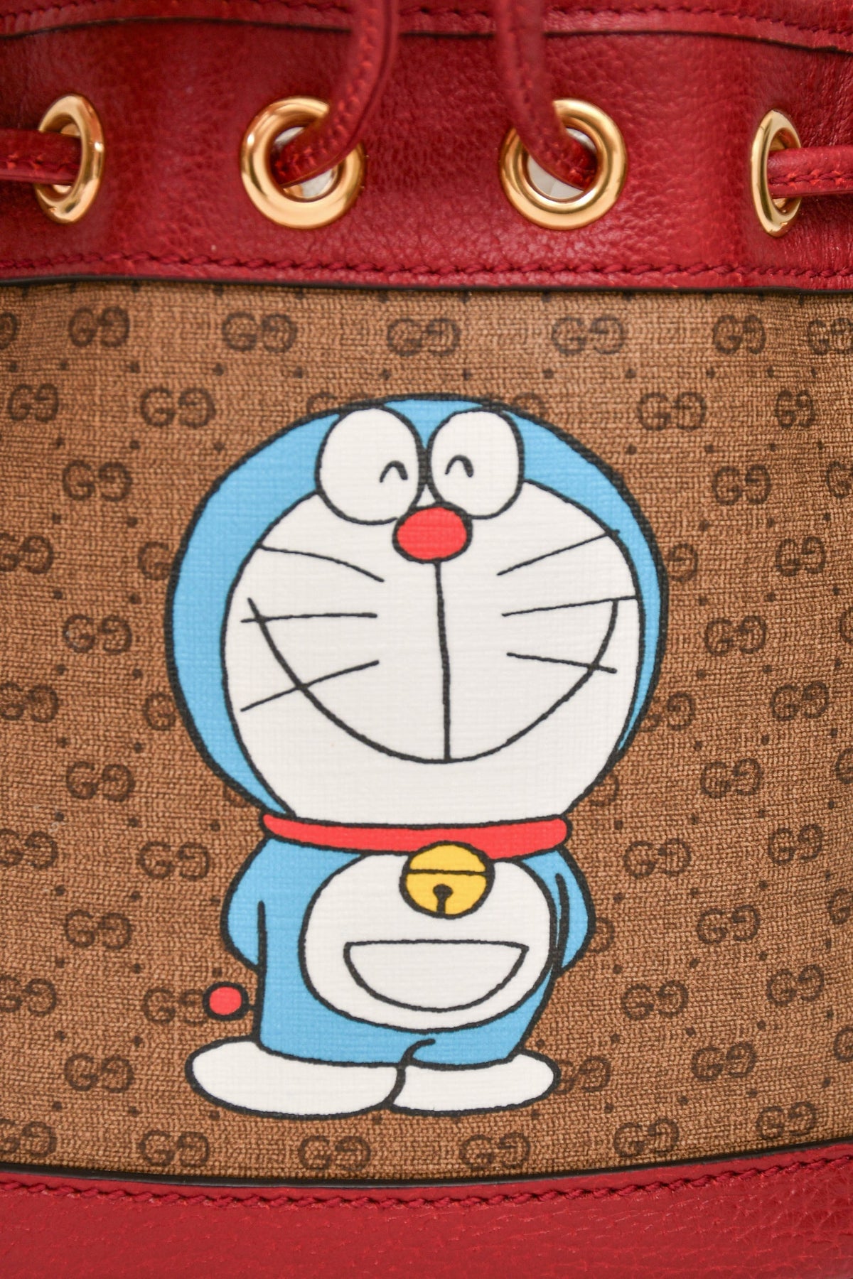 Gucci X Doreamon Brown/Red Canvas/Leather GG Supreme Mini Bucket Bag